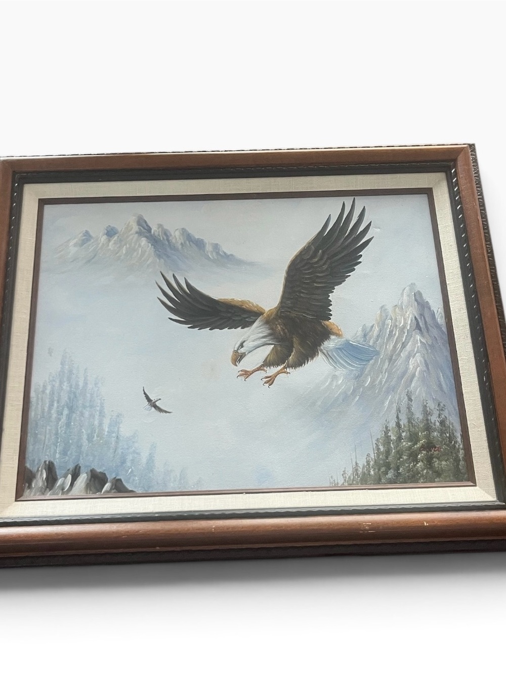 Vintage Eagle in Flight Mountains Oil on Canvas Signed Bruce